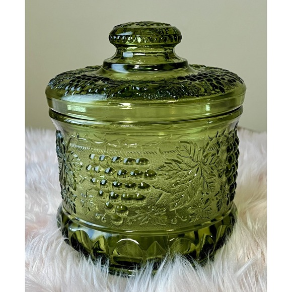 fenton tobacco jar "Periwinkle Blue Jar"  RC Gifts Fenton Avocado Green Tobacco Jar.